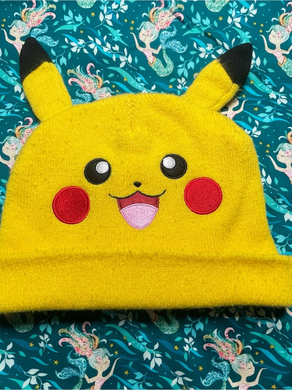 Yellow Pikachu beanie with embroidered face ~ Pokemon hat